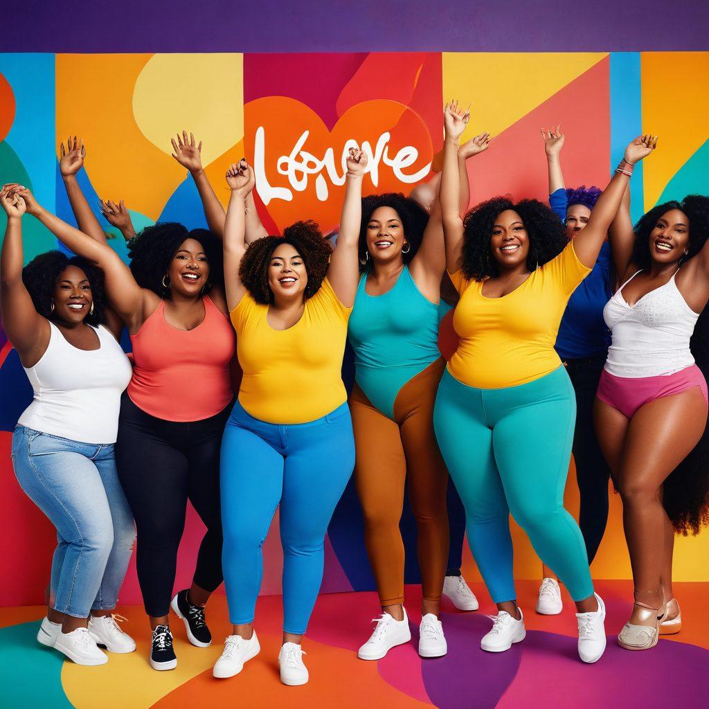 A diverse group of adults in an open, vibrant space, joyfully embracing their bodies, showcasing a celebration of body positivity. Include elements of passion such as bright colors, dynamic poses, and playful interactions. Background features abstract art representing self-love and freedom. super-realistic. vibrant colors. upbeat atmosphere.